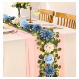 6 Ft Flower Garland with Lights, Dusty Blue Rose Floral Garland Fake Flowers for Wedding Arch Party Tables Backdrop Decor