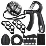 Hand Grip Strengthener Workout Kit (8 Pack) Forearm Grip Adjustable Resistance Hand Gripper, Finger Stretcher, Finger Exerciser, Grip Ring, Gyro Ball (black) - Retail: $23