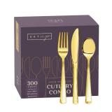 300 Count Disposable Silverware, Gold Combo Cutlery - 100 Forks, 100 Spoons, 100 Knives - Heavy Duty, and Durable Gold Plastic Silverware Set Great for Parties, Events and Everyday use - Retail: $27
