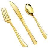 300 Count Disposable Silverware, Gold Combo Cutlery - 100 Forks, 100 Spoons, 100 Knives - Heavy Duty, and Durable Gold Plastic Silverware Set Great for Parties, Events and Everyday use - Retail: $27