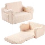 Kids Sofa, 2-in-1 Flip-Out Foam Couch with Soft Sherpa Cover, Cozy Play Lounge Chair, Cream