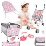 deAO Baby Doll Stroller Crib Bed Nursery Role Play Set Baby Doll with Accessories and Play Mat,Travel Cot,Bouncer,Foldable Stroller and Travel Bag Gifts for Toddlers Girls Boys