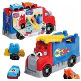 MEGA BLOKS First Builders Toddler Building Blocks Toy Set, Build & Race Rig with 19 Pieces, 2 Race Cars and Storage, Red, Ages 1+ Years