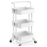 Pipishell 3 Tier Mesh Utility Cart, Rolling Metal Organization Cart with Handle and Lockable Wheels, Multifunctional Storage Shelves for Kitchen Living Room Office White