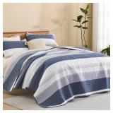Litanika Quilt Queen Size Mineral Blue, Stripe Patchwork Summer Bedspread Coverlet 3 Pieces, Soft Lightweight Microfiber Quilted Bedding Set for All Season(1 Quilt, 2 Pillowcases)