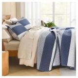Litanika Quilt Queen Size Mineral Blue, Stripe Patchwork Summer Bedspread Coverlet 3 Pieces, Soft Lightweight Microfiber Quilted Bedding Set for All Season(1 Quilt, 2 Pillowcases)