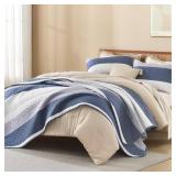 Litanika Quilt Queen Size Mineral Blue, Stripe Patchwork Summer Bedspread Coverlet 3 Pieces, Soft Lightweight Microfiber Quilted Bedding Set for All Season(1 Quilt, 2 Pillowcases)