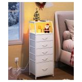 WLIVE LED Nightstand with Charging Station, White Dresser with 5 Fabric Drawers for Bedroom, Tall Night Stand with Open Shelves, Bed Side Tables Living Room