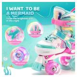 NEMONE Mermaid 4 Size Adjustable Light up Roller Skates for Girls, Purple Blue Skates for Toddlers, Beginner Kids Butterfly Roller Skates Indoor Outdoor