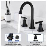 Bathroom Faucets for Sink 3 Hole, Hurran Matte Black Bathroom Sink Faucet with Pop-up Drain and Supply Lines, Stainless Steel Lead-Free Widespread Faucet for Vanity RV Farmhouse Sink