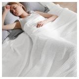 Bedsure Gentlesoft 100% Cotton Large Blanket Oversized King for Bed - Breathable Thick Waffle Weave Blanket for Summer, Couch Cover, White, 120x94 inches