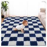 Super Soft Rug for Bedroom, 5x7 ft Blue and White Area Rug Classic Checkered Shaggy Anti-Skid High Pile Soft Fluffy Rug Fuzzy Carpet for Living Room Bedroom Kids Room Nursery, Dorm
