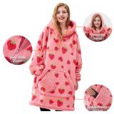 Giggling Getup Wearable Blanket Hoodie for Adults Gifts for Teen Girls Sister Women Sherpa Fleece Printed Hooded Blanket Sweatshirt Warm Cozy with Pocket & Sleeves Strawberry