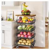 SAYZH Fruit Basket Kitchen Pantry Organizers and Storage - Wooden Top Table, Stackable Metal Wire Basket Stand Cart for Fruit Vegetable Snacks Onion Potato Organization, Black