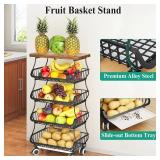 SAYZH Fruit Basket Kitchen Pantry Organizers and Storage - Wooden Top Table, Stackable Metal Wire Basket Stand Cart for Fruit Vegetable Snacks Onion Potato Organization, Black