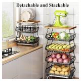 SAYZH Fruit Basket Kitchen Pantry Organizers and Storage - Wooden Top Table, Stackable Metal Wire Basket Stand Cart for Fruit Vegetable Snacks Onion Potato Organization, Black
