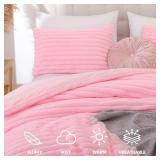 Smoofy Fluffy King Size Comforter Set 3 Pieces - Pink Fleece Fluffy Comforter Set, Luxury Fuzzy King Bedding Set, Soft King Bed Set All Season, Heavy Faux Fur Comforter with 2 Pillow Cases