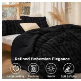 Bedsure Tufted Boho Comforter Set Queen Size - Black Boho Bed Set, GentleSoft 3 Pieces Farmhouse Shabby Chic Embroidery Bedding, Gifts for Woman, Soft Jacquard Queen Comforter for All Seasons