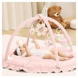ANGELBLISS 5 in 1 Baby Play Gym Mat, Reversible Tummy Time Mat with 5 Sensory Toys for Stage-Based Developmental, Thick & Large Baby Activity Center from Newborn to Toddler (Pink)