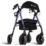 Retails for $150! Lightweight Rollator Walker with Seat - Royal Blue, All Terrain 8 Airless Tires, 300 lbs Capacity, Adjustable Height & One-Hand Folding Mobility Aid for Seniors, Elderly, Indoor Outd
