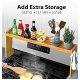IIIOIIIA Bamboo Over The Stove Spice Shelf for Kitchen Storage, 31.5" Kitchen Spice Rack Organizer Stove Top Shelf with 6 Hooks, 11.4" Height Extra Storage Countertop, Easy to Assemble