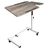 Retails for $173! Recliner Table, Over The Bed Table with Wheels, Adjustable Width & Height, with Split-Tilt Design & 4 Caster Wheels with Brakes (White Base & Wood Grain Tabletop)
