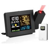 Projection Alarm Clock, WWVB Atomic Projector Radio Control Clock for Bedroom Ceiling with Weather Station, Snooze, Outdoor Temperature Humidity Sensor, Dual Alarms, 180° Rotatable - Retail: $84