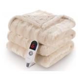MARNUR Electric Throw Blanket Extra Large Size, 50" x 60" Soft Faux Fur Heated Blanket, 6 Heating Levels, 4 Hours Timer - Beige WORKS