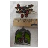 Little Brown Church Pin & Biplane Stained Glass Ornament Set