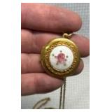 Floral Enamel Gold Tone Locket Necklace