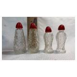 Crystal Pattern Glass Salt and Pepper Shakers with Red Caps