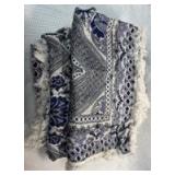 Fringed Navy and White Geometric Floral Pattern Throw Blanket w/ 2 Pillow Covers