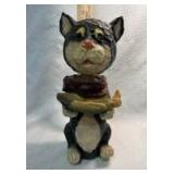 Hand-Carved Wooden Black Cat with Fish Bobblehead Figurine