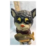 Hand-Carved Wooden Black Cat with Fish Bobblehead Figurine