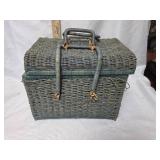 Vintage Gray Wicker Sewing Basket with Plaid Lining