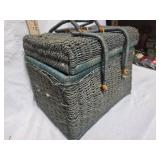 Vintage Gray Wicker Sewing Basket with Plaid Lining