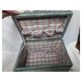 Vintage Gray Wicker Sewing Basket with Plaid Lining