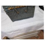 Vintage Gray Wicker Sewing Basket with Plaid Lining
