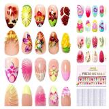FANDAMEI Press on Nails, 4 Styles 120PCS 3D Flower Press on Nails Short Almond Fake Nails, Medium Almond 3D False Nails, Flower Butterfly Spring Summer Nails for Women - Retail: $8