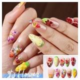 FANDAMEI Press on Nails, 4 Styles 120PCS 3D Flower Press on Nails Short Almond Fake Nails, Medium Almond 3D False Nails, Flower Butterfly Spring Summer Nails for Women - Retail: $8