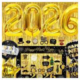 New Years Eve Party Supplies 2026, Black and Gold Happy New Year Decorations with 2026 Number Balloons Golden Fringe Curtains Foil Balloons New Year Photo Booth Props for NYE Party Decor