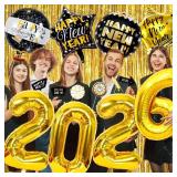 New Years Eve Party Supplies 2026, Black and Gold Happy New Year Decorations with 2026 Number Balloons Golden Fringe Curtains Foil Balloons New Year Photo Booth Props for NYE Party Decor