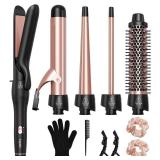 Lopeie 5 in 1 Curling Iron with Thermal Brush and 4 Interchangeable Ceramic Barrels(1/2 to 1 1/2 inch), Curling Wand Set with Flat Iron, Fast Heating, Dual Voltage Hair Curler, Gifts for Women - Retai