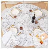 UMINEUX Round Fitted Vinyl Tablecloth with Elastic Edged & Flannel Backing, Waterproof Wipeable Round Table Cover for Indoor Outdoor Patio Use - Fits Tables up to 40\" - 44\" Diameter(WhiteMarble) - R