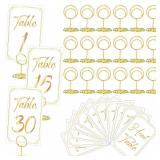 Thenshop 31 Sets Table Number Cards with Holders, 1-30 Numbers Head Table Card 2\" Place Holder Stand for Wedding Anniversary Birthday Restaurant(Round,White, Gold) - Retail: $18