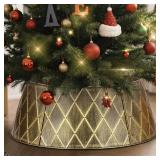 SEE PHOTO FOR COLOR Lanpn Metal Christmas Tree Collar 28 inch, Christmas Tree Ring Collar for Medium Xmas Stand Cover Real Artificial Trees Indoor Outdoor Decoration (Gold, Diamond)