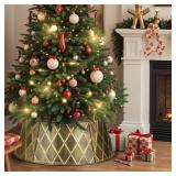 SEE PHOTO FOR COLOR Lanpn Metal Christmas Tree Collar 28 inch, Christmas Tree Ring Collar for Medium Xmas Stand Cover Real Artificial Trees Indoor Outdoor Decoration (Gold, Diamond)