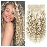 Flvaco Curly Clip In Hair Extensions, 4PCS 16 Inch Ash Blonde with Highlights Extensions Clip Ins Lace Weft Short Curly Invisible Natural Hairpieces for Women - Retail: $20