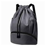 Hoedia Sports Drawstring Backpack - String Swim Gym Bag with Shoes Compartment and Wet Proof Pocket for Women/Men (Dark Grey) - Retail: $26