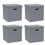 ArcaGuru Storage Bins with Lids, Collapsible Linen Fabric Boxes Organizer Containers with Lid Foldable Storage Box Basket for Closet, Shelves, Home, Office, 12 x 12 x 12.4 Inch, 4 Pack, Dark Gray - Re